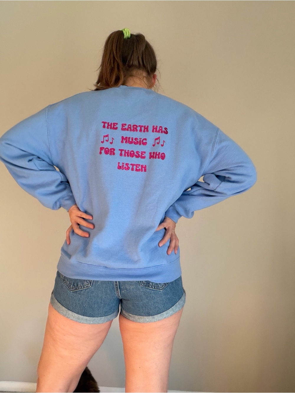 Gildan Sky Blue Crewneck Sweatshirt with Pink Glitter Print